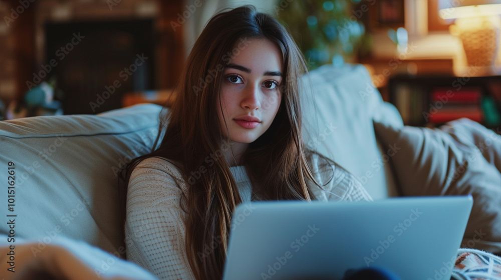 Fototapeta premium A woman is sitting on a couch with a laptop in front of her