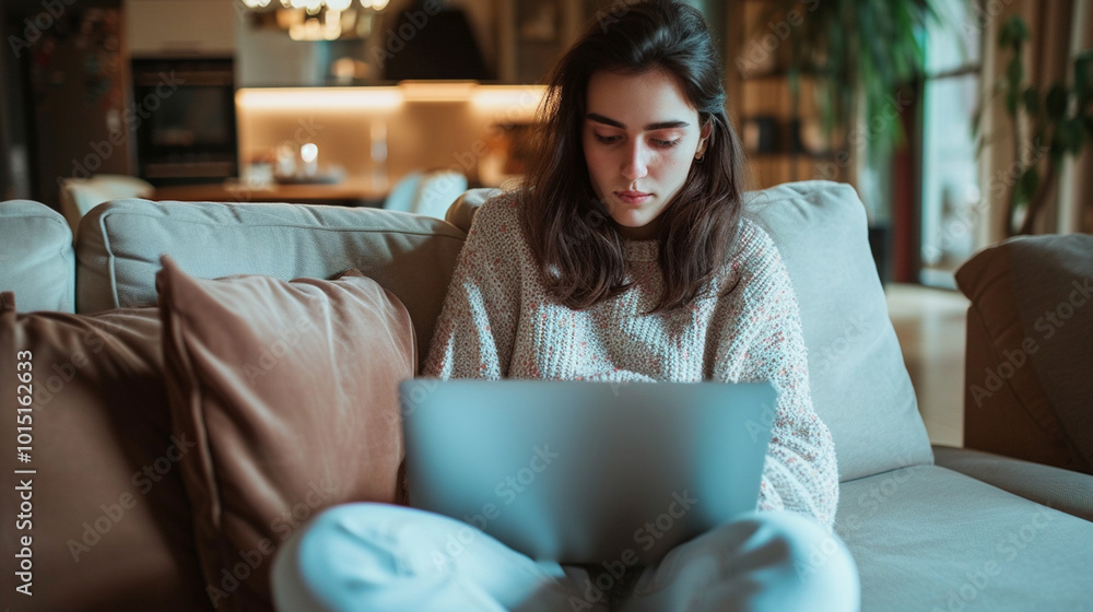 A woman is sitting on a couch with a laptop in front of her A woman is sitting on a couch with a laptop in front of her