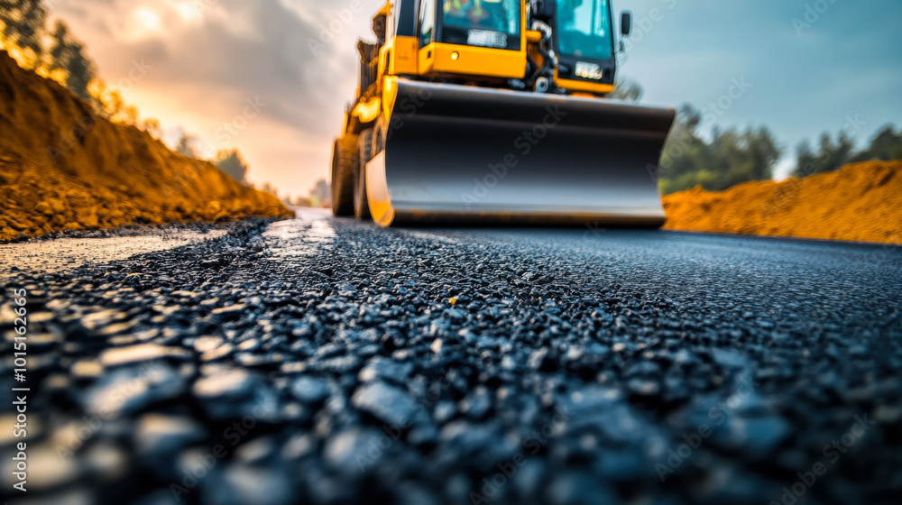 Steam roller paving a new highway section at sunset in a rural area, showcasing construction and machinery in action Steam roller paving a new highway section at sunset in a rural area, showcasing construction and machinery in action