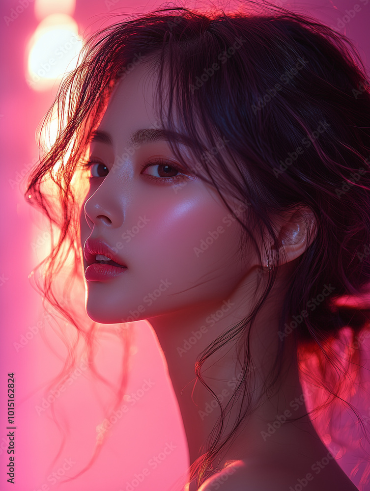Korean model poses elegantly with soft curls under vibrant pink lighting during a creative photoshoot at dusk Korean model poses elegantly with soft curls under vibrant pink lighting during a creative photoshoot at dusk