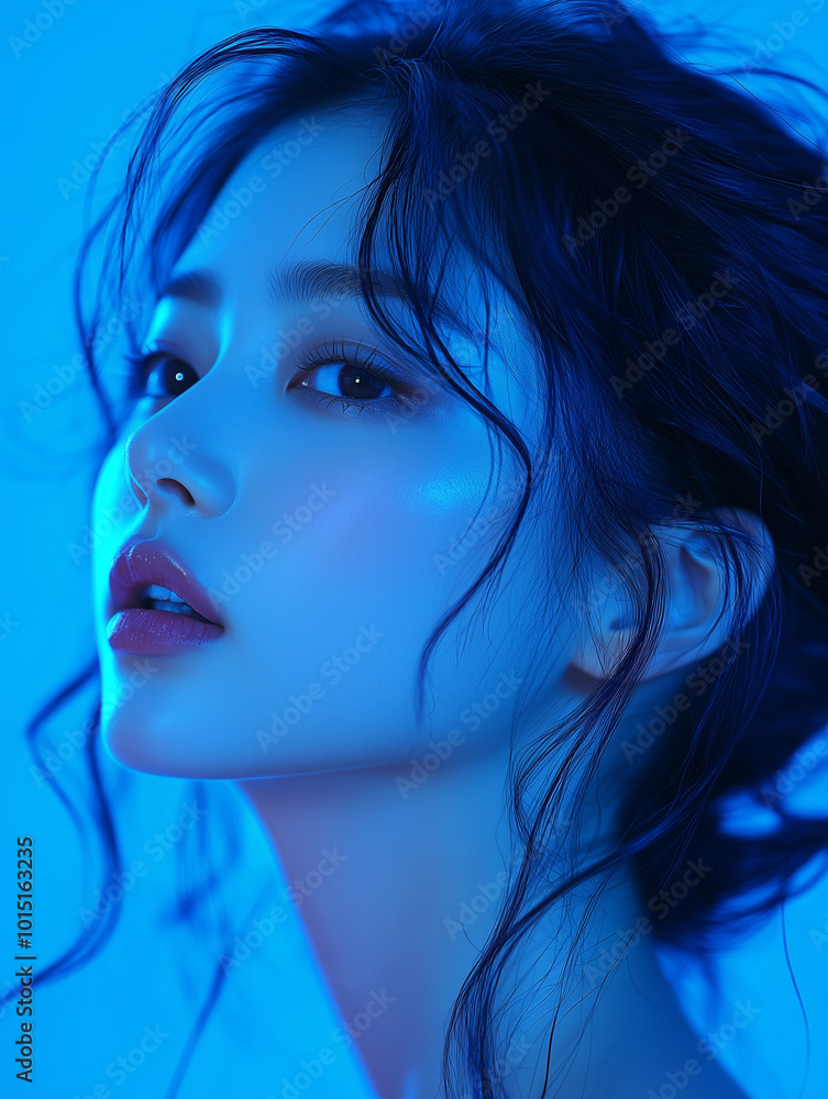 A close-up of a young Korean woman with flowing hair illuminated by blue lighting, showcasing her elegant profile in a captivating atmosphere A close-up of a young Korean woman with flowing hair illuminated by blue lighting, showcasing her elegant profile in a captivating atmosphere