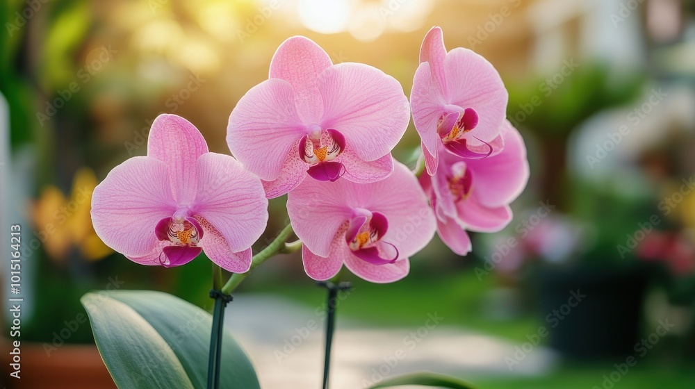 Obraz premium Four pink orchids in bloom against a soft, blurred background.