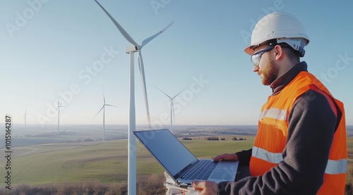 technician working outdoors at a wind turbine field. Renewable energy engineers working on wind power plants, Environmental engineers research and develop approaches to providing clean energy sources