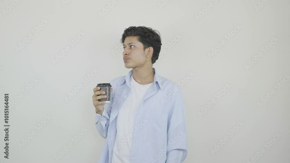 Young student drinks coffee and gives several expressions Young student drinks coffee and gives several expressions