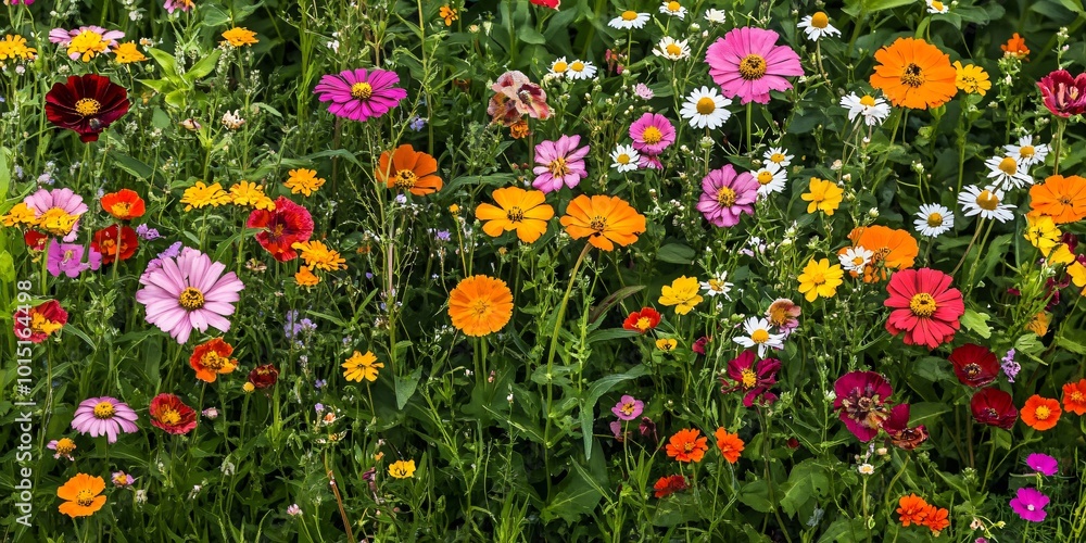 A vibrant field of colorful wildflowers in full bloom. A vibrant field of colorful wildflowers in full bloom.