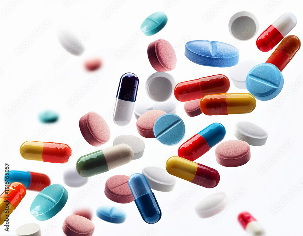 Multicolored falling pills and capsules on a white background. Multicolored falling pills and capsules on a white background.