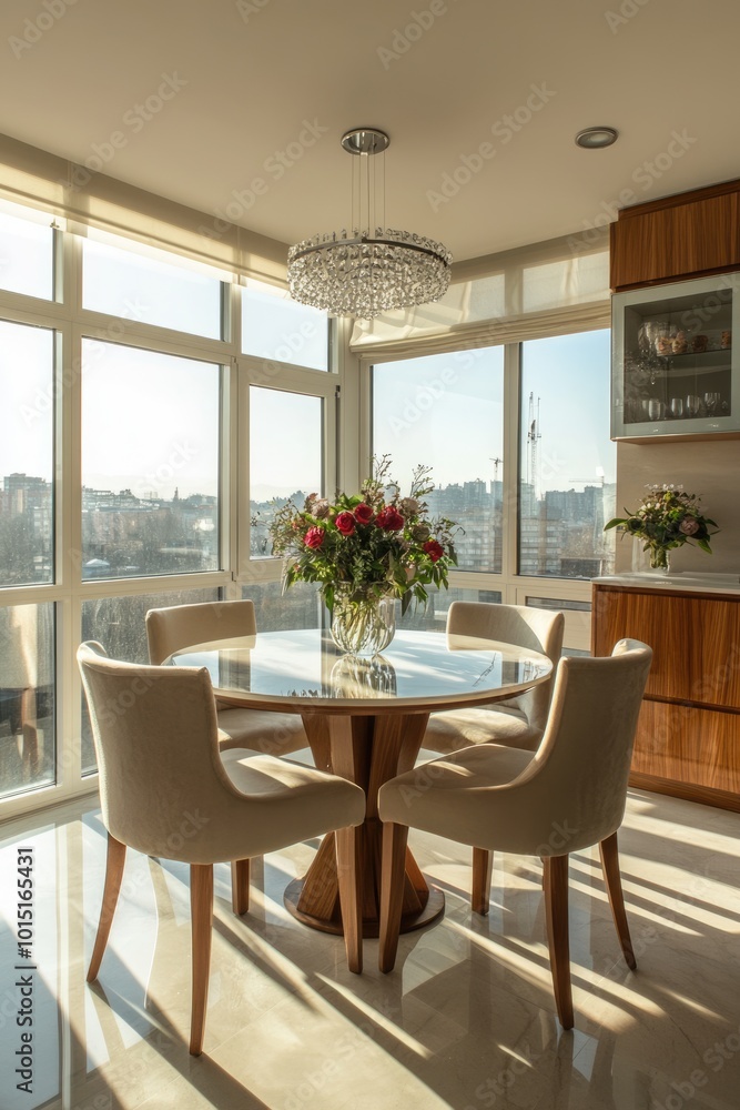 Fototapeta premium Modern Dining Room with Panoramic City View and Stylish Interior Design