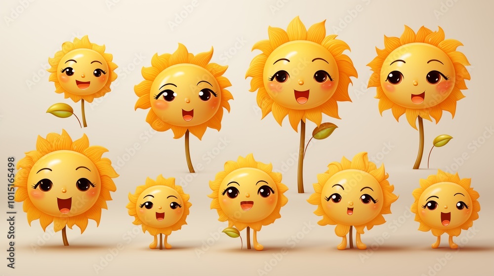 Fototapeta premium 3d cartoon cute sun characters designs for kids on a transparent background. Set of funny suns with happy faces