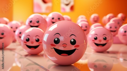 3D Happiness Emoticon Emojies On Glossy Pastel Peach Background. photo