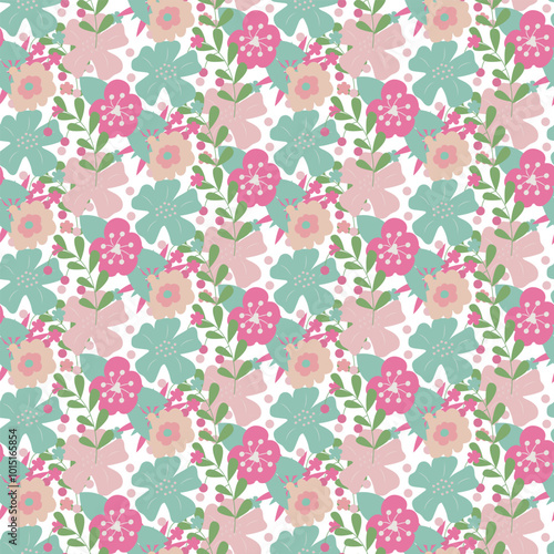 Seamless pattern of simple flowers and plant elements. Vector illustration in cartoon style.