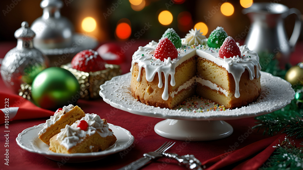 festive cake with strawberries and icing sits on decorative plate, surrounded by holiday decorations and smaller dessert. scene evokes warm, joyful atmosphere perfect for celebrations festive cake with strawberries and icing sits on decorative plate, surrounded by holiday decorations and smaller dessert. scene evokes warm, joyful atmosphere perfect for celebrations
