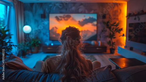 Young woman with long blond hair enjoying a relaxing night watching television in her modern living room