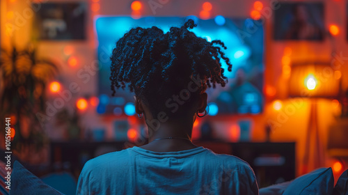 Young woman with long blond hair enjoying a relaxing night watching television in her modern living room