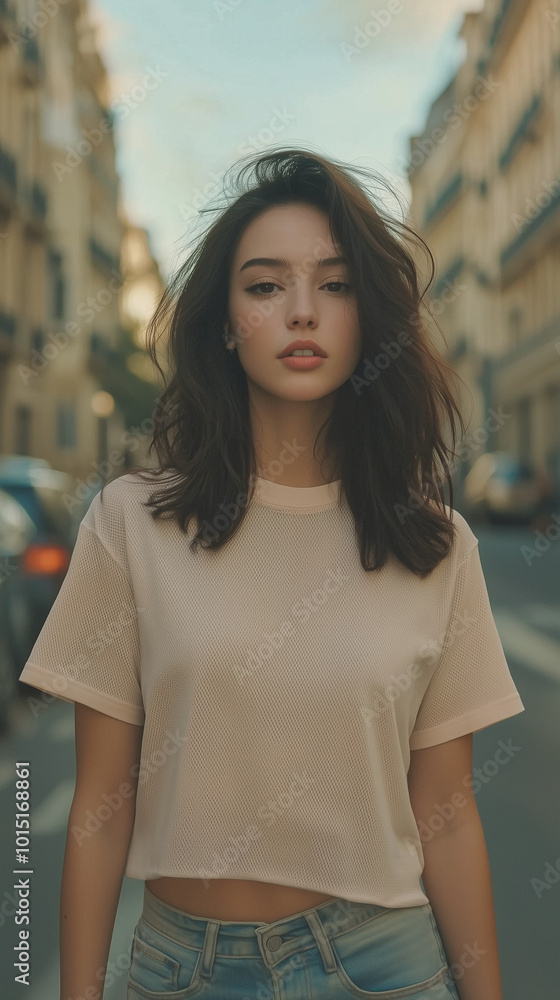 confident young woman walking down city street, T-Shirt Model Mockup confident young woman walking down city street, T-Shirt Model Mockup