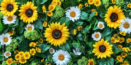 A vibrant mix of sunflowers and daisies with lush green leaves creates a beautiful summer floral background.