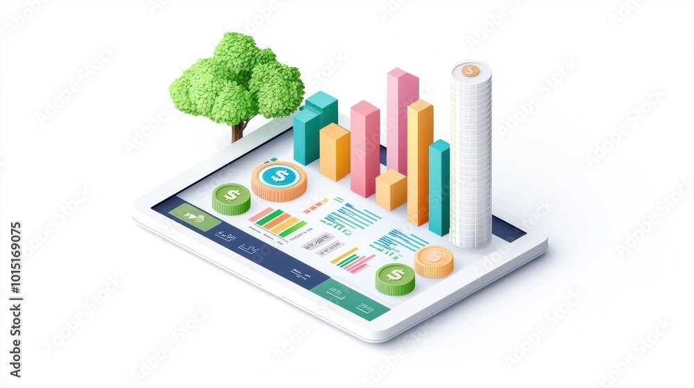Financial data analytics, graphs and charts on a digital tablet, isometric illustration, vibrant colors, isolated on white background., , Financial data analytics, graphs and charts on a digital tablet, isometric illustration, vibrant colors, isolated on white background., ,