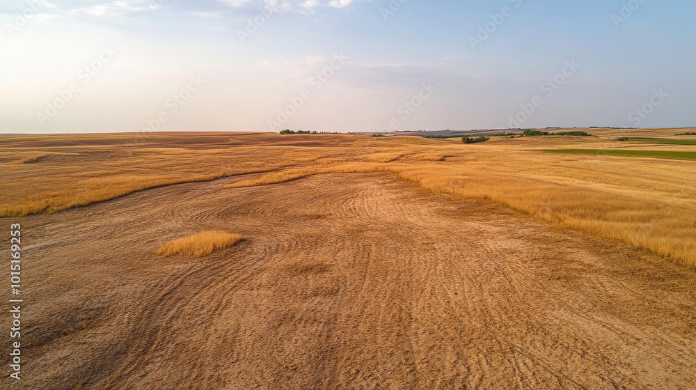 Fototapeta premium A vast golden landscape stretches under clear sky, showcasing dry grass and rolling hills. serene beauty of open fields evokes sense of tranquility and connection to nature