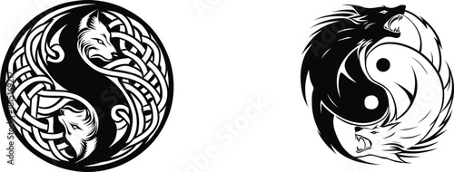 Vector illustration of a symbol of Yin and yang. Celtic style wolf swallowing of the sun.
