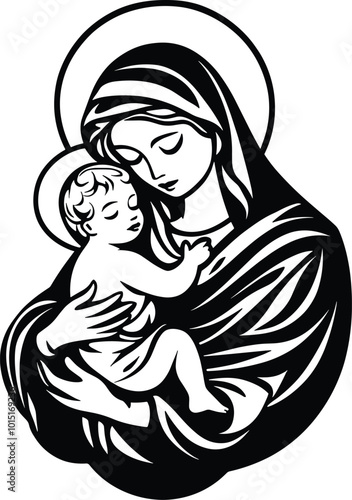 Our Lady Virgin Mary Mother of Jesus, Holy Mary, madonna, vector illustration, black on white background
