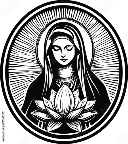 Our Lady Virgin Mary Mother of Jesus, Holy Mary, madonna, vector illustration, black on white background