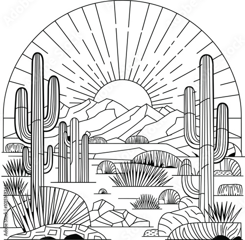 Desert, cacti and sun - landscape outline. Black and white vector.