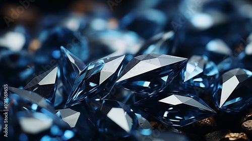 a bunch of blue diamonds on a black background with a bright light shining on the top of the image and the bottom of the image.