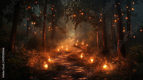 A mysterious path through a dense forest lit by flickering candles and hanging lights.