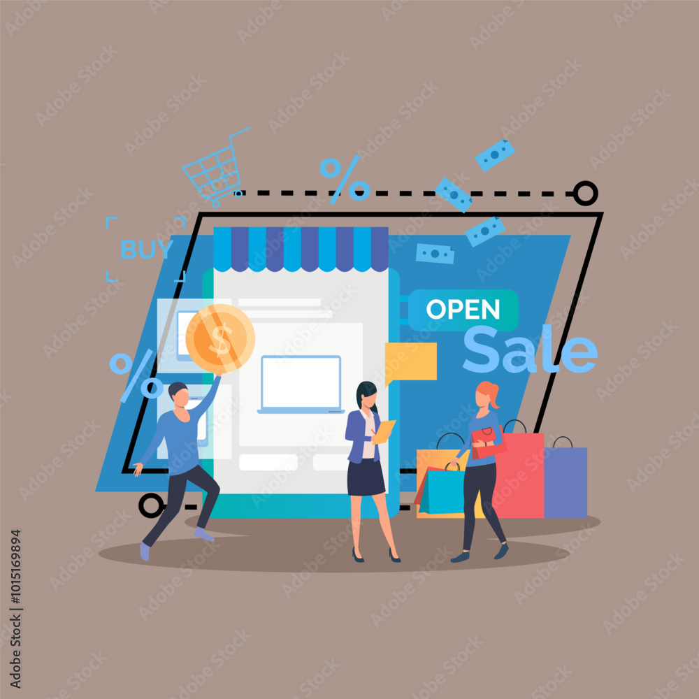 Sale in online store vector illustration. People doing shopping during sale period, holding shopping bags and coin. Commerce, shopping, sale, special offer concept can be used for banner design Sale in online store vector illustration. People doing shopping during sale period, holding shopping bags and coin. Commerce, shopping, sale, special offer concept can be used for banner design