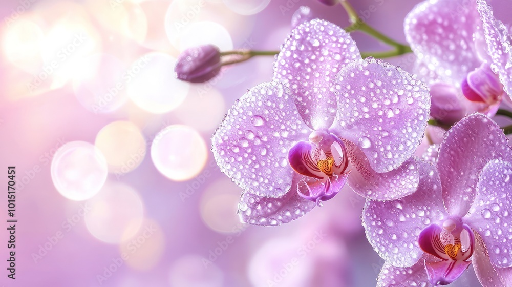 Close-up of pink orchid flower with water drops on petals against a soft pink background. Close-up of pink orchid flower with water drops on petals against a soft pink background.