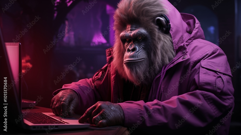 A Cute 3D Gorilla Using a Laptop on a Solid-Color Background A Cute 3D Gorilla Using a Laptop on a Solid-Color Background