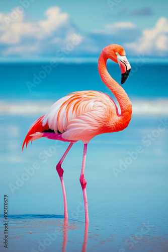 A vibrant flamingo standing elegantly on a sunlit beach with clear blue ocean waves in the background during a peaceful afternoon