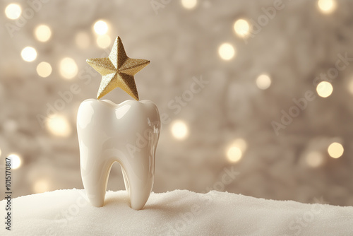 A single tooth standing upright in snow with a star on top, surrounded by a festive Christmas background, perfect for dental themed holiday designs