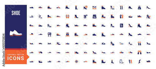 Shoes fashion relatate solid colorfull icon set. Duotone color. sport shoe, boots, shoe, flip flops, boot, high heels, color icon collection, shoes, Editable and pixel perfect symbol pack.