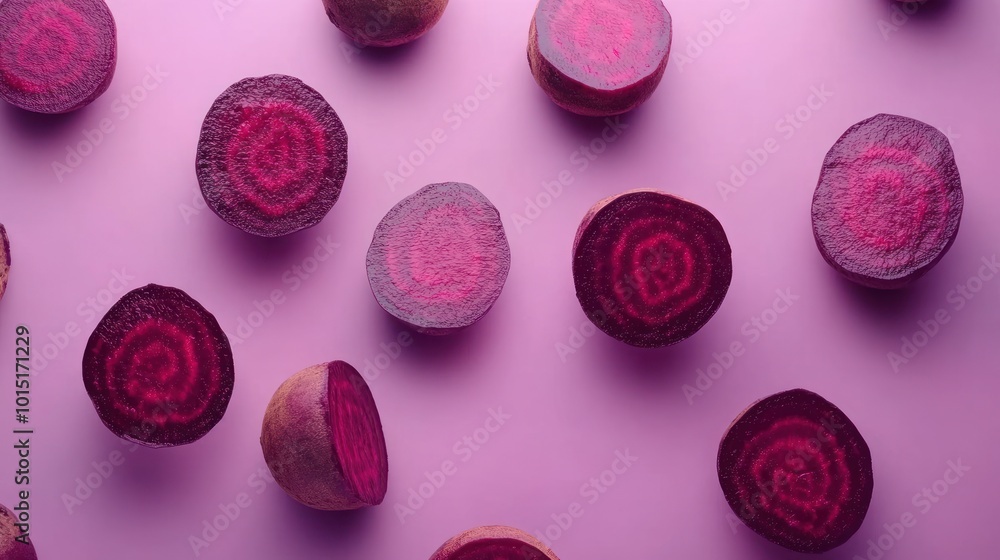 A flat lay of sliced beetroot on a pink background, with a focus on the vibrant red and purple hues of the root vegetable. A flat lay of sliced beetroot on a pink background, with a focus on the vibrant red and purple hues of the root vegetable.