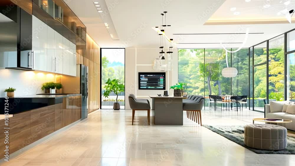 Modern open plan kitchen and dining room with floor to ceiling windows and elegant decor. Cozy minimalist home interior Modern open plan kitchen and dining room with floor to ceiling windows and elegant decor. Cozy minimalist home interior