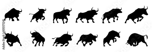 Bull silhouettes set—stylized silhouettes of standing in different poses and butting up bulls.