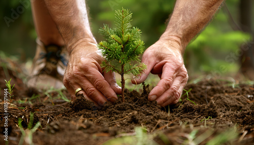 Hands planting a young conifer tree in a forest, symbolizing growth and forestation