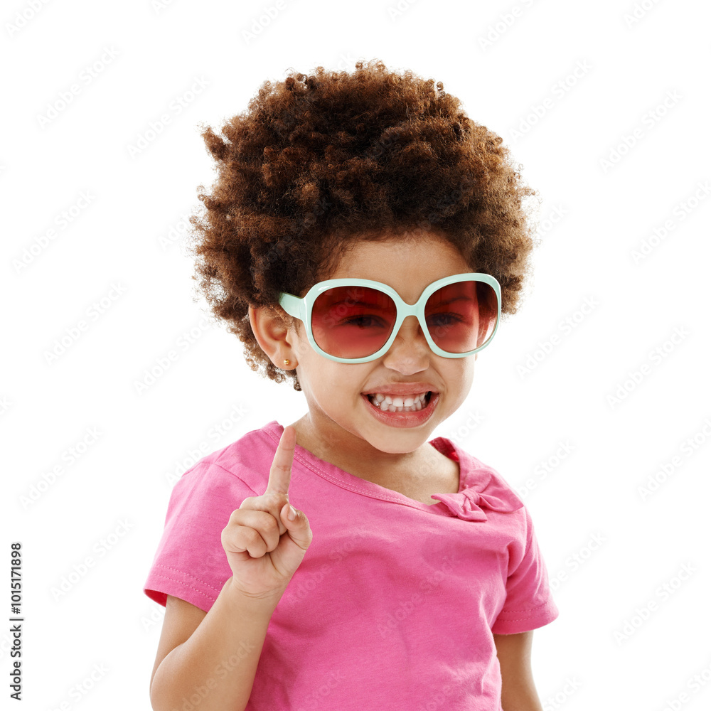 Child, fashion and portrait with sunglasses in studio for summer outfit, trendy and funky style. Happy, smile and little girl with confidence by white background for vacation, clothes and accessory Child, fashion and portrait with sunglasses in studio for summer outfit, trendy and funky style. Happy, smile and little girl with confidence by white background for vacation, clothes and accessory