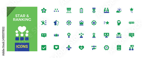 Star & ranking Related solid colorfull icons set, such web symbol as Star Rating, First Place, Shoulder Strap and more. Two color filled icon collection, Editable and pixel perfect sign pack.