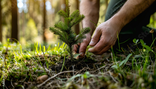 Hands planting a young conifer tree in a forest, symbolizing growth and forestation