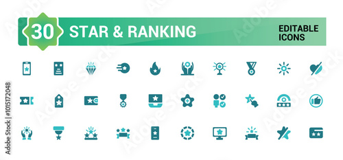Star & ranking Related solid colorfull icons set, such web symbol as Star Rating, First Place, Shoulder Strap and more. Two color filled icon collection, Editable and pixel perfect sign pack.
