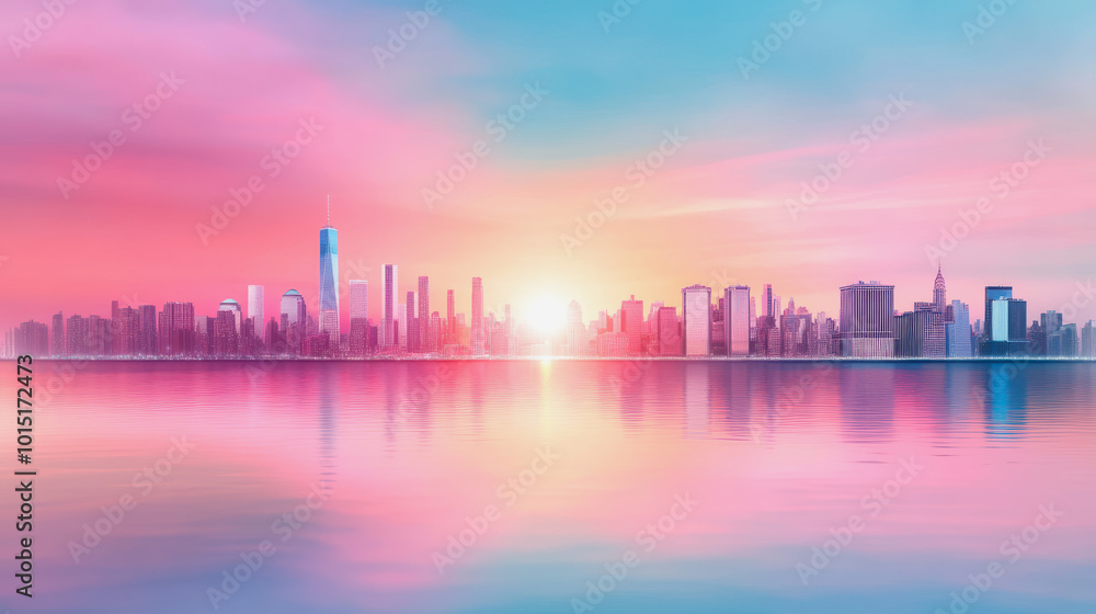 A pastel sunset paints the skyline of a vibrant metropolis over calm waters at dusk, showcasing an urban landscape A pastel sunset paints the skyline of a vibrant metropolis over calm waters at dusk, showcasing an urban landscape