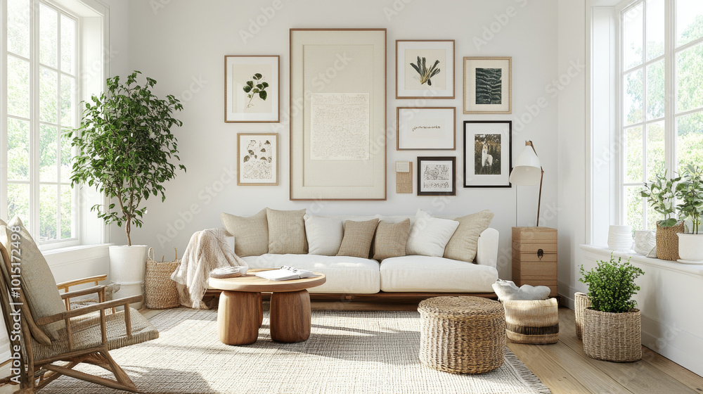 A cozy living room featuring comfortable sofa adorned with neutral cushions, surrounded by greenery and framed artwork. natural light enhances inviting atmosphere, perfect for relaxation A cozy living room featuring comfortable sofa adorned with neutral cushions, surrounded by greenery and framed artwork. natural light enhances inviting atmosphere, perfect for relaxation