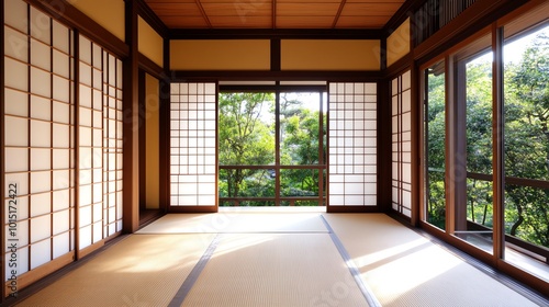 Sunlit traditional Japanese room with sliding doors, tatami mat, and serene view of nature through large windows.