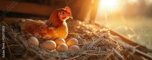 Hen sitting proudly in a nest with fresh eggs, warm sunlight in the background. photo