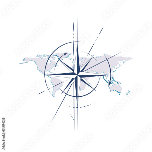 A map of the world against the backdrop of the wind rose. Compass. The concept of traveling. Vector illustration. Banner with world map