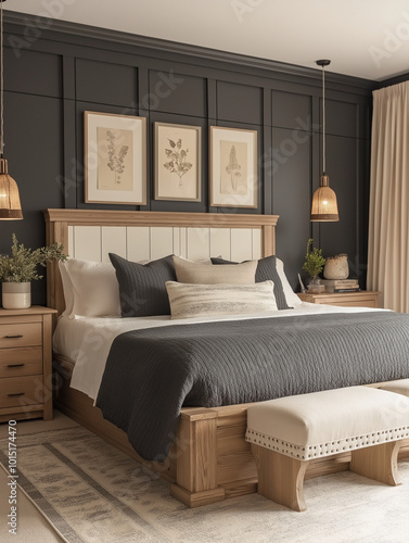 Modern Bedroom with Dark Gray Walls and Farmhouse-Style Decor