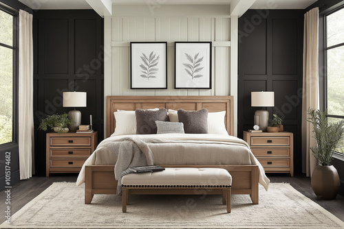 Modern Bedroom with Dark Gray Walls and Farmhouse-Style Decor