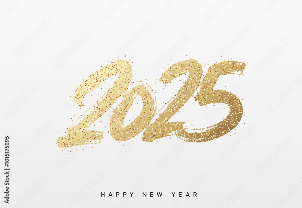 Happy New Year written number golden glitter 2025. Gold glittered 2025 text in a bold, hand painted style on a white background. Vector illustration Happy New Year written number golden glitter 2025. Gold glittered 2025 text in a bold, hand painted style on a white background. Vector illustration