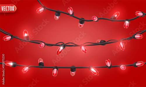 Festive Christmas red string lights brightly glowing. Realistic 3d New Year decorations garland isolated on rich red background. vector illustration
